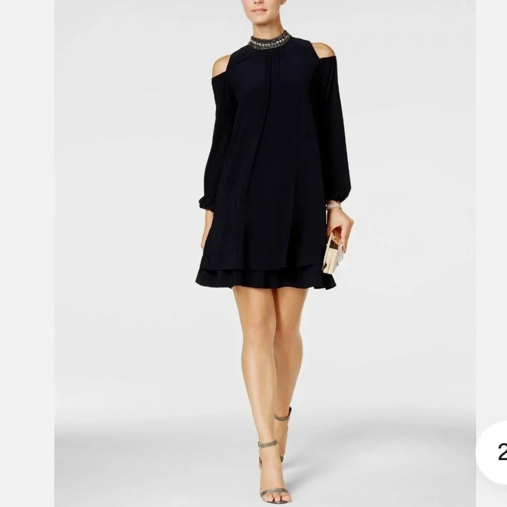 Xscape Navy Cold Shoulder Embellished Cocktail Dress Size 4 Beaded Neck